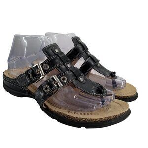 Ecco Black Leather Buckle Thong Sandals Size 38 US 7-7.5 Slip On Comfort Wedge
